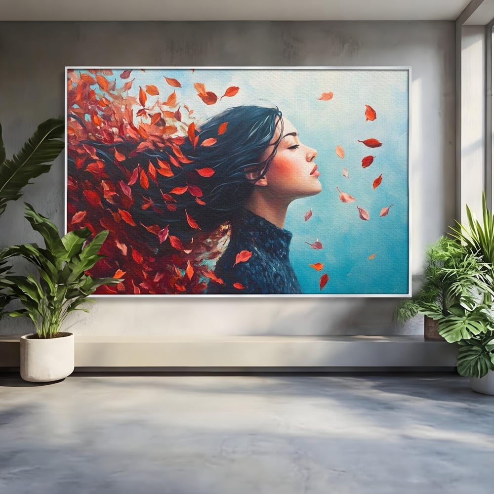 Tablou canvas cu tablou canvas cu femeie si frunze in vant, in rama de aluminiu argintiu